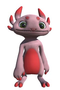 A pink and red CG-animated character with horns coming out of a friendly face.