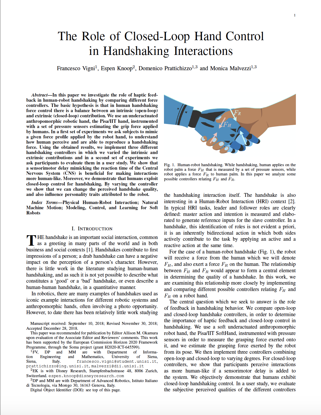 The Role of Closed-Loop Hand Control in Handshaking Interactions